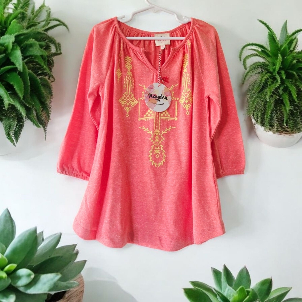 Harper For Girls Embroidered Long Sleeve Boho Western Peasant Top Orange 7/8